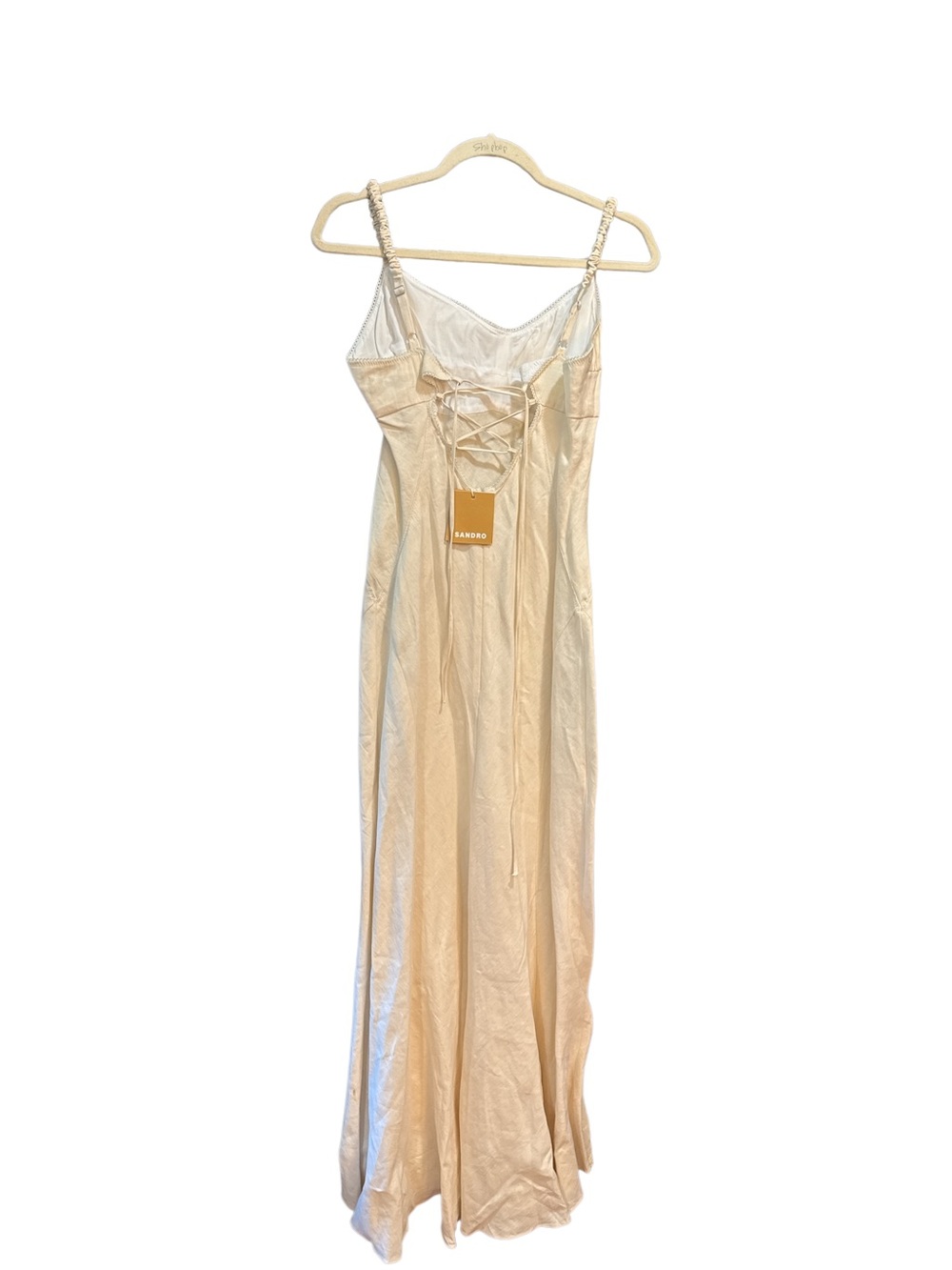 Sandro Champagne Satin Maxi Dress with Lace-Up Bodice